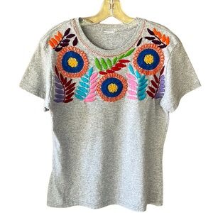 Boho Colorful Floral Hand Embroidered Mixed Media Gray Tee Women’s M
